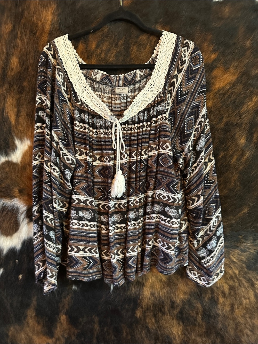 Wrangler Boho Crochet-Trim Tunic Blouse - Brown, Cream, Blue